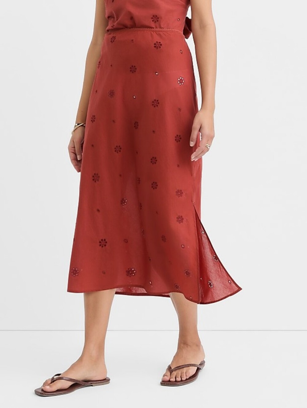 LOFT Beach Eyelet Midi Skirt In Rust Sz Medium